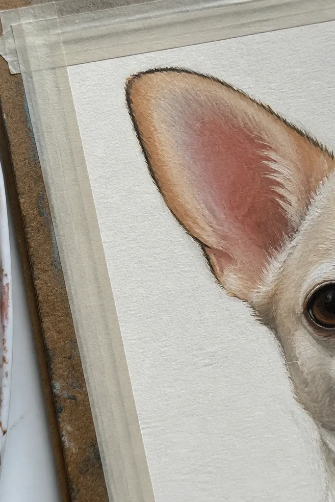 Soft pastel gouache fennec with ear gradients and a crisp face outline.