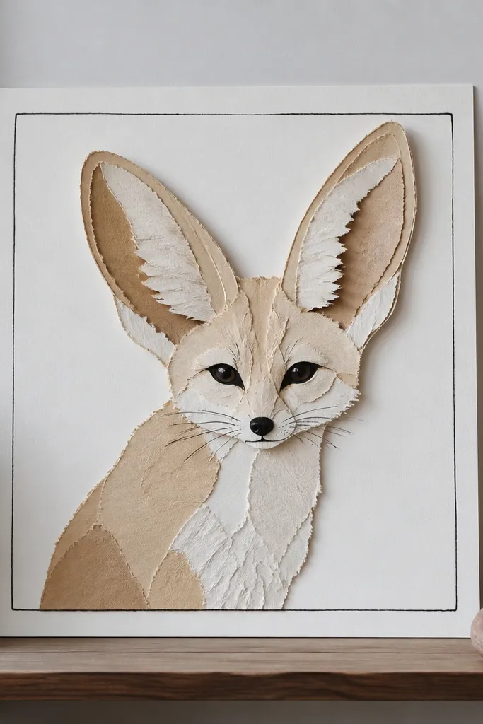 Paper-cut fennec face with layered ears and ink details on a textured background.