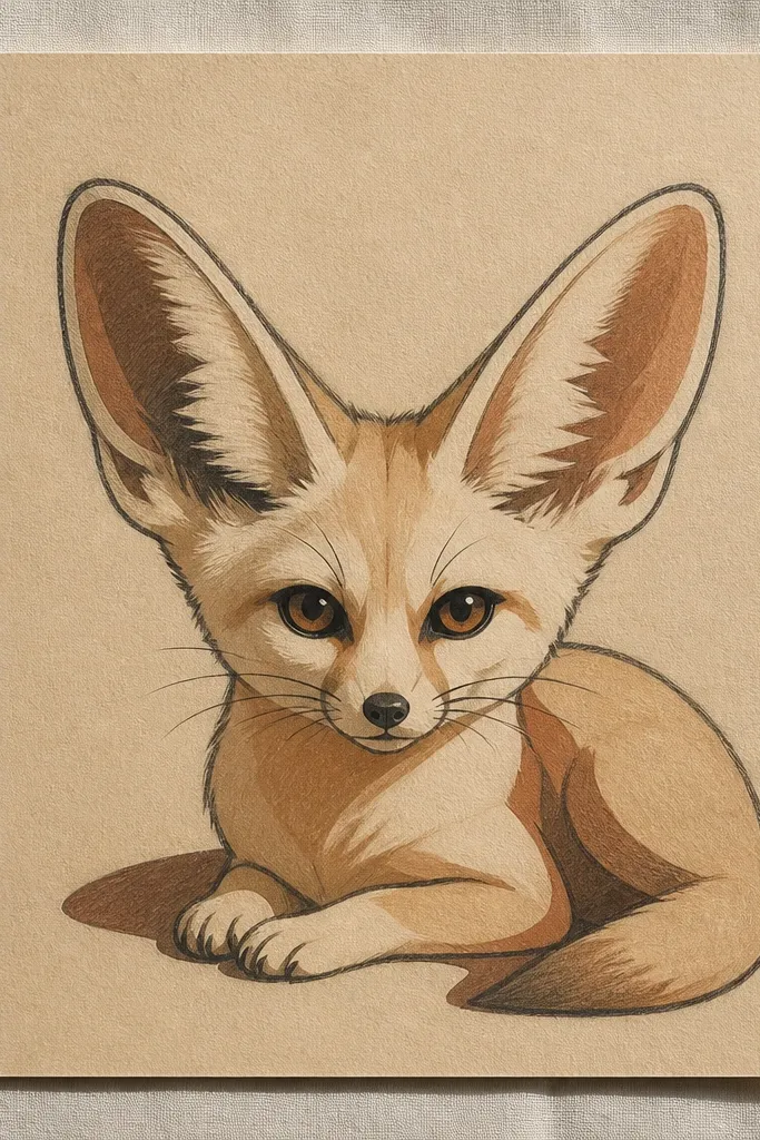 Fennec face made of solid color blocks in beige, rust, and charcoal.