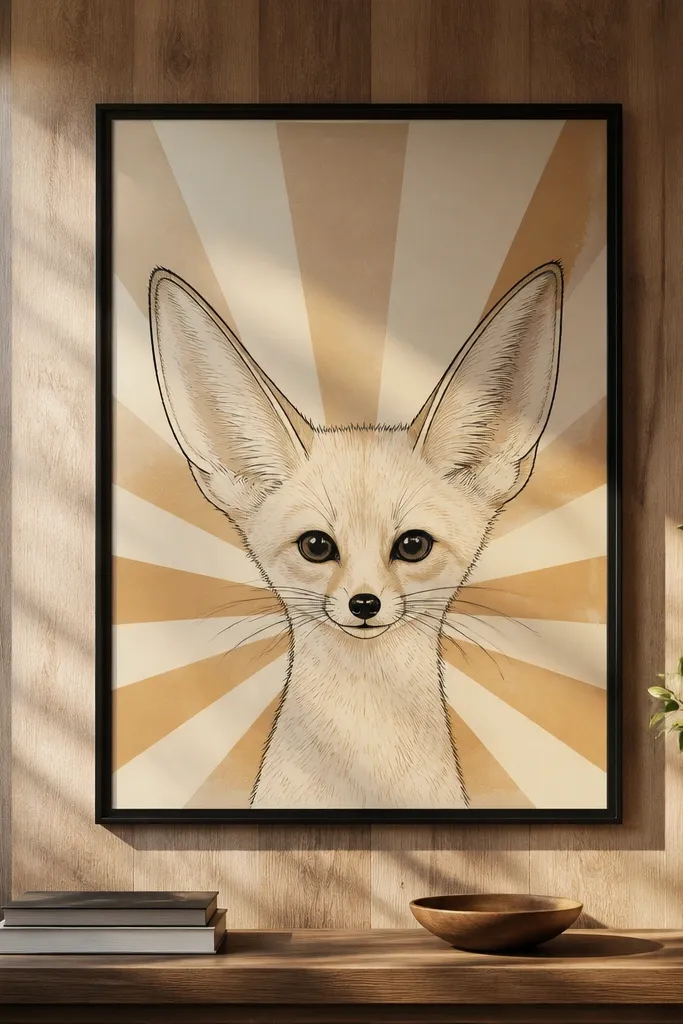 Front-facing fennec with a sunburst of warm rays behind it.