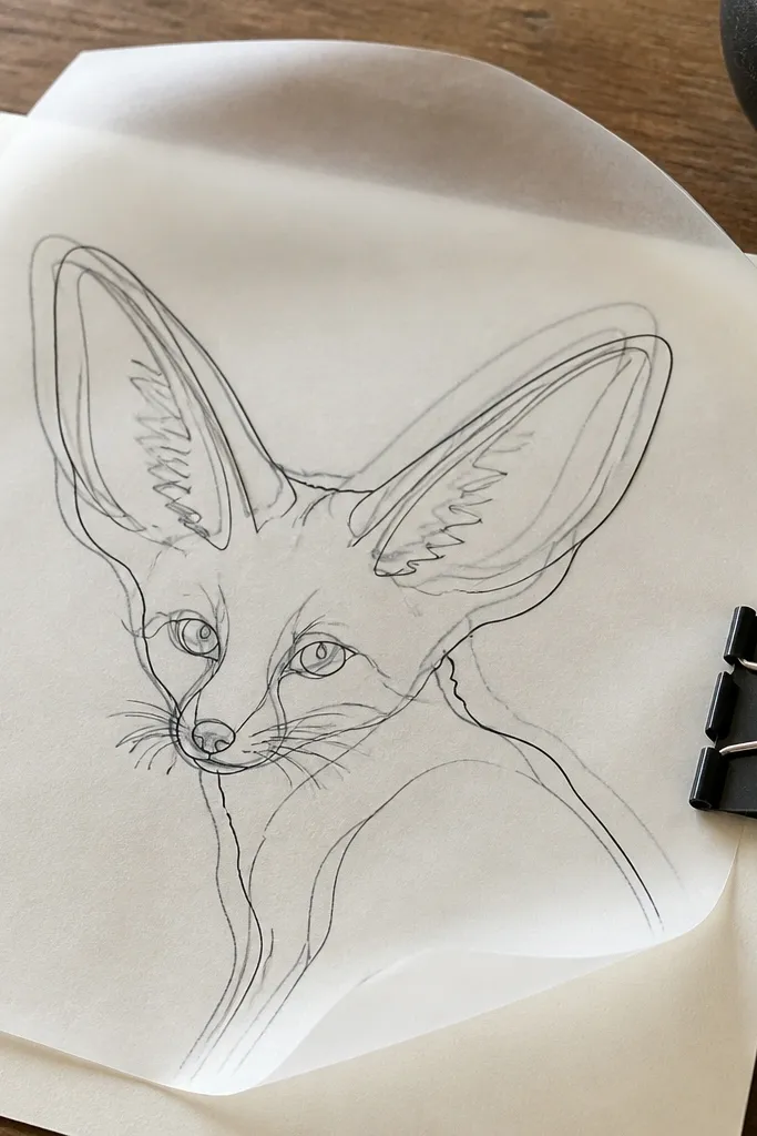 Single-weight outline fennec with layered translucent lines suggesting overlap.