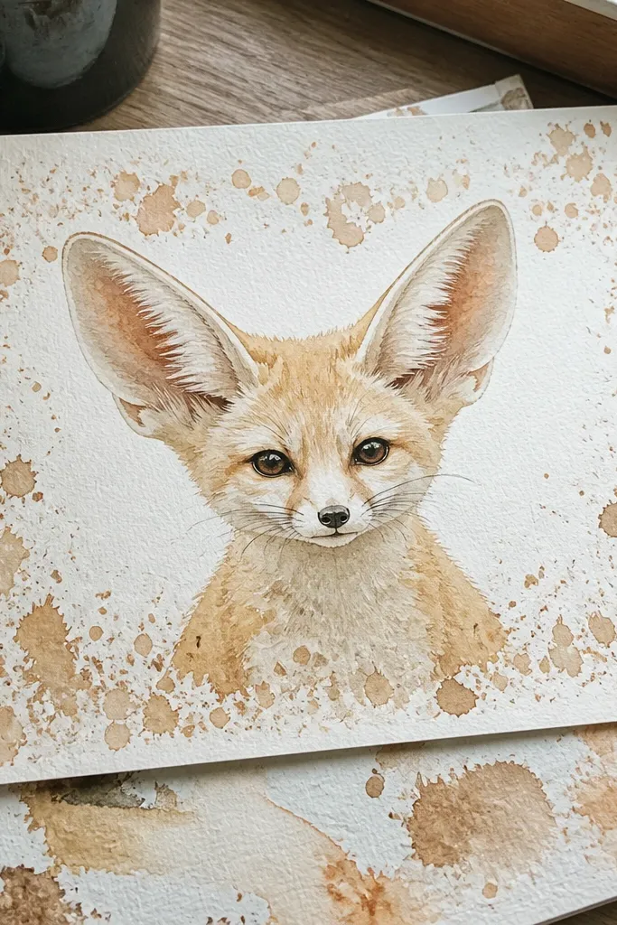 Fennec face with a watercolor splatter border and clean ear outlines.
