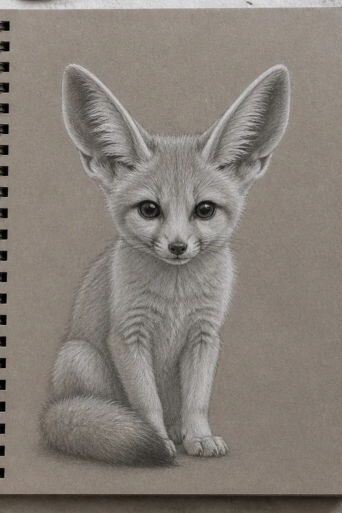 Graphite fennec on gray toned paper with sharp white highlights on ears.