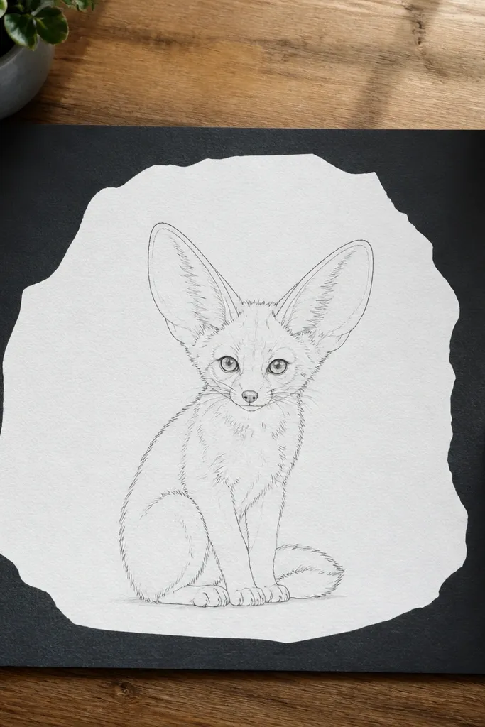 Fennec head drawn in the middle of a clean window cutout with negative space.