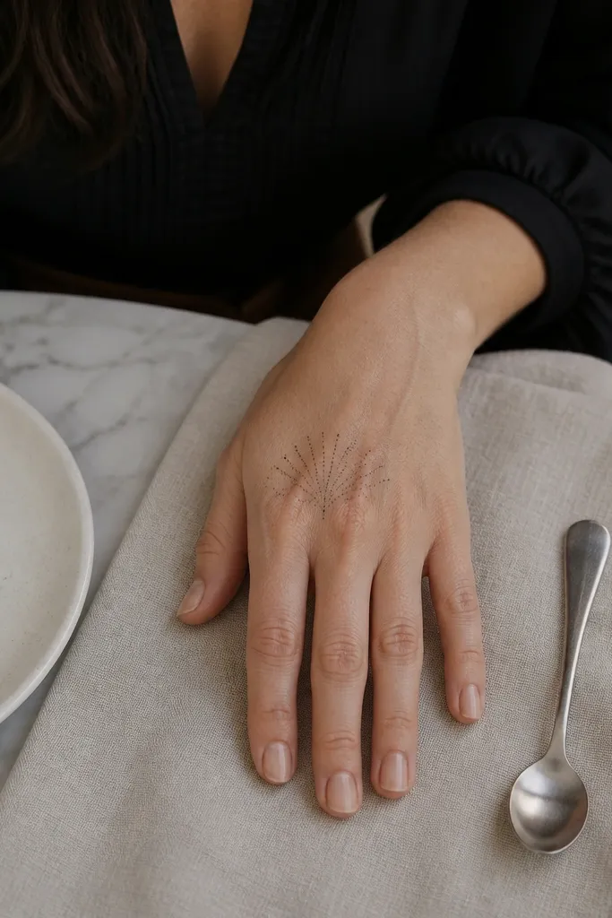 Center back hand has a small fan shape with evenly spaced dots