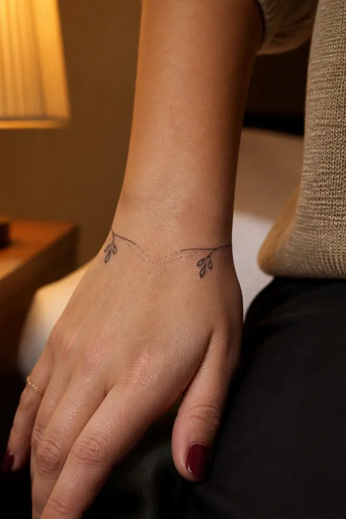 Thin wrist band with two small teardrops near the inner corners of the back hand