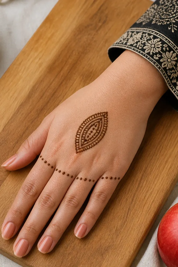 Back hand shows dots at finger bases and one centered almond motif