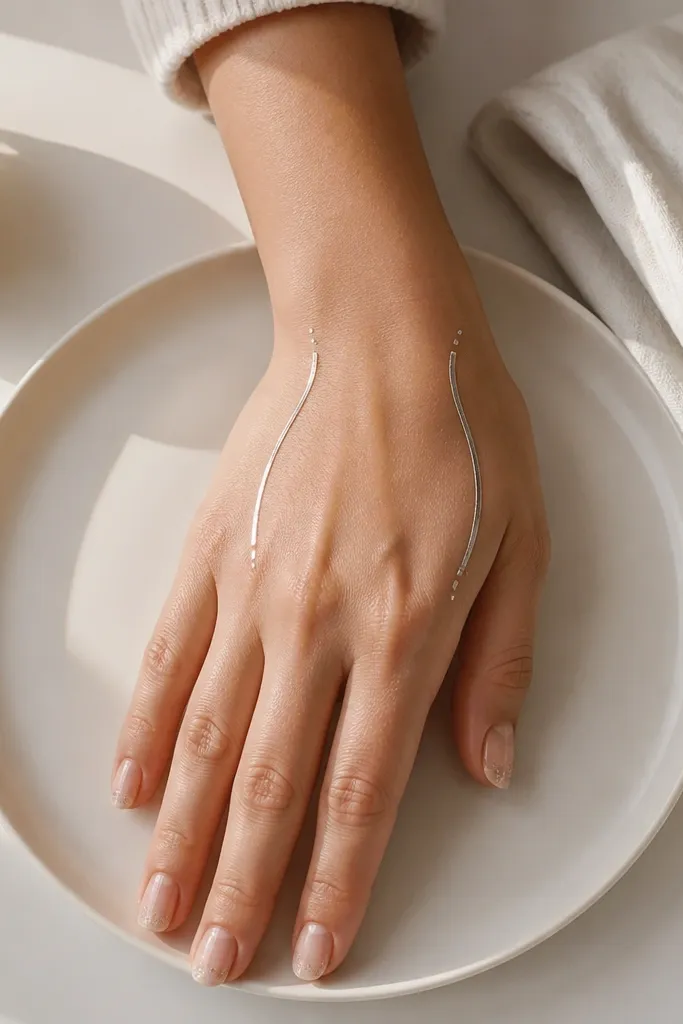 Back hand has two thin curved arcs from wrist to knuckles with blank center