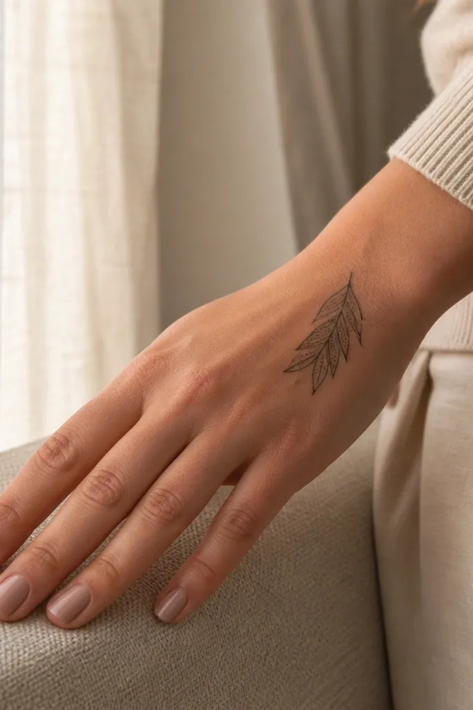 Back hand has a small stack of feather leaves near the wrist with light dots