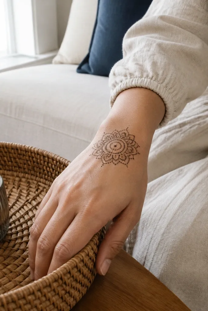 A small mandala circle sits on the wrist area, rest of back hand is empty