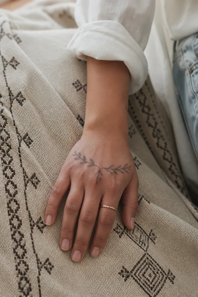Feather-like marks sit at the knuckles with one small accent line going downward