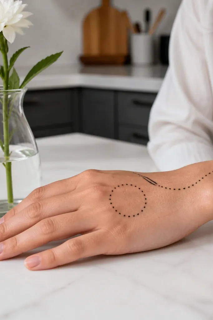 Wrist has a dot halo and a single curved line across the back hand