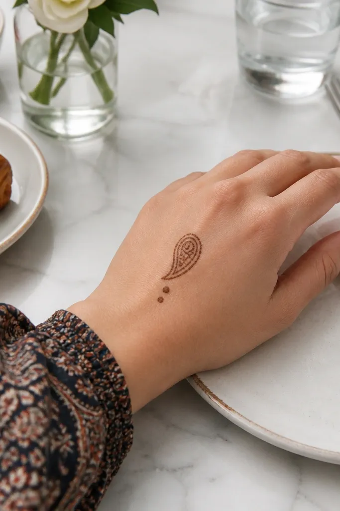 A small paisley sits in the center with two tiny dot accents near it