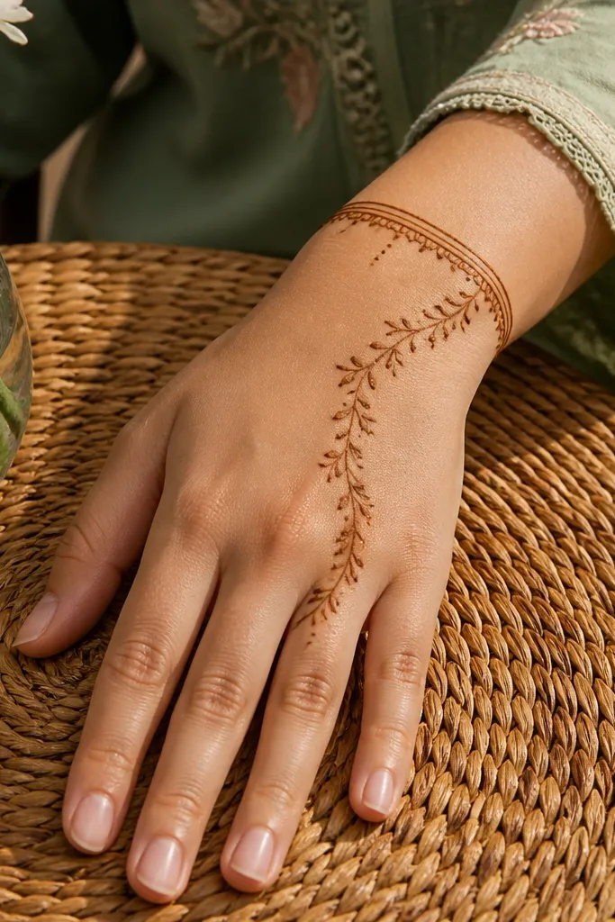 Thin wrist border with a micro vine line fading toward the index finger