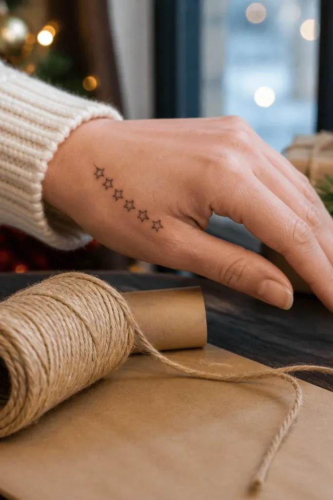 A diagonal line of small five-point stars across the back of the hand