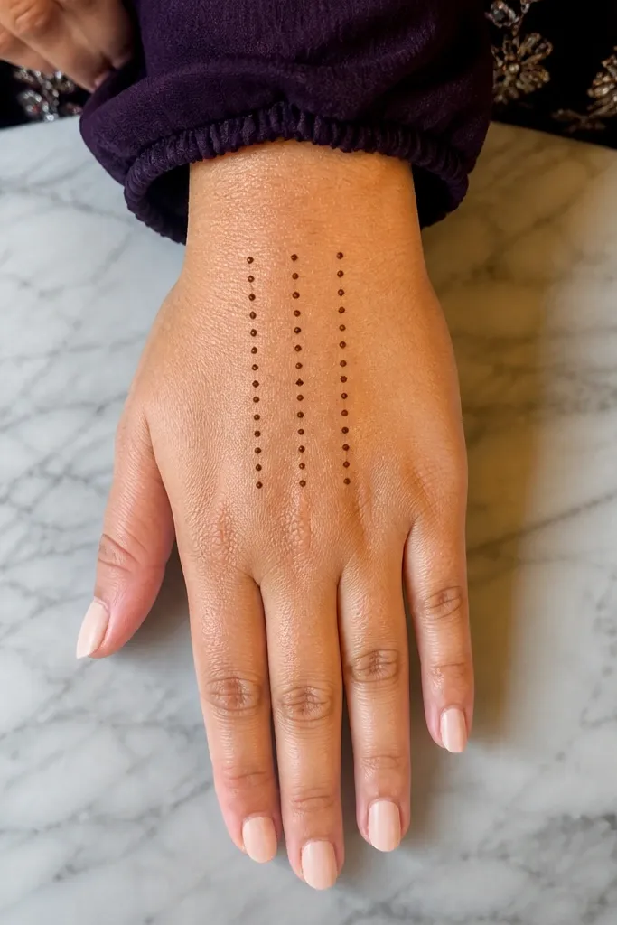 Three slim vertical columns of dots across the back of the hand