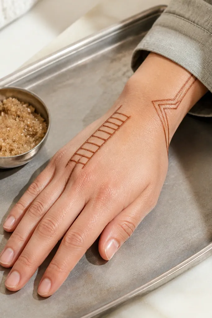 A vertical ladder pattern beside the index finger with a small corner border near wrist
