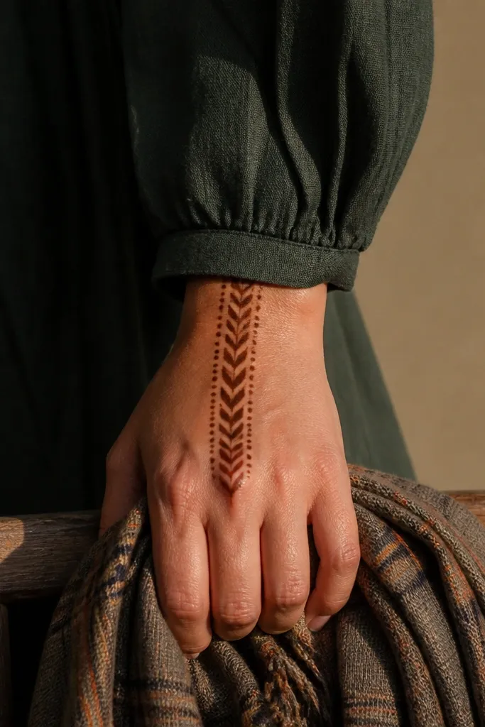 A chevron spine down the back hand with tiny dot borders near edges
