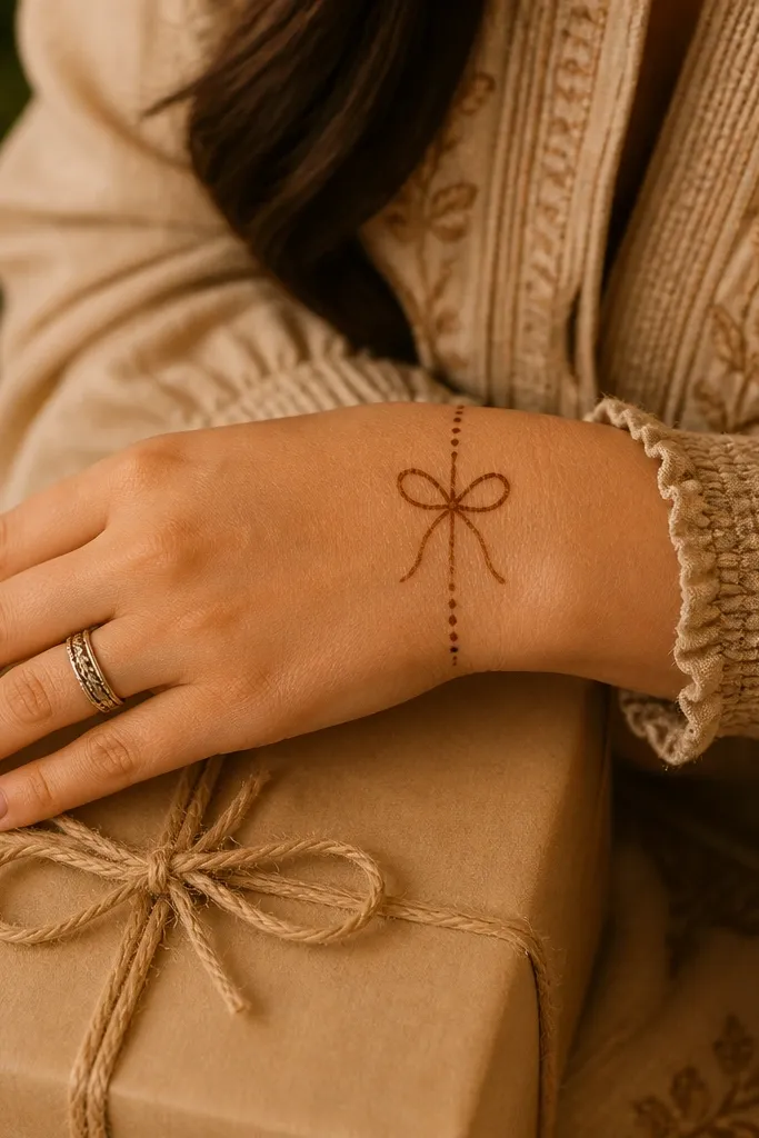 A small bow shape near the wrist with dot accents underneath