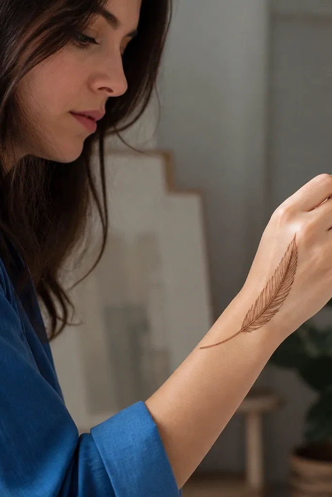 A feather-like outline line from wrist toward middle finger with small barbs