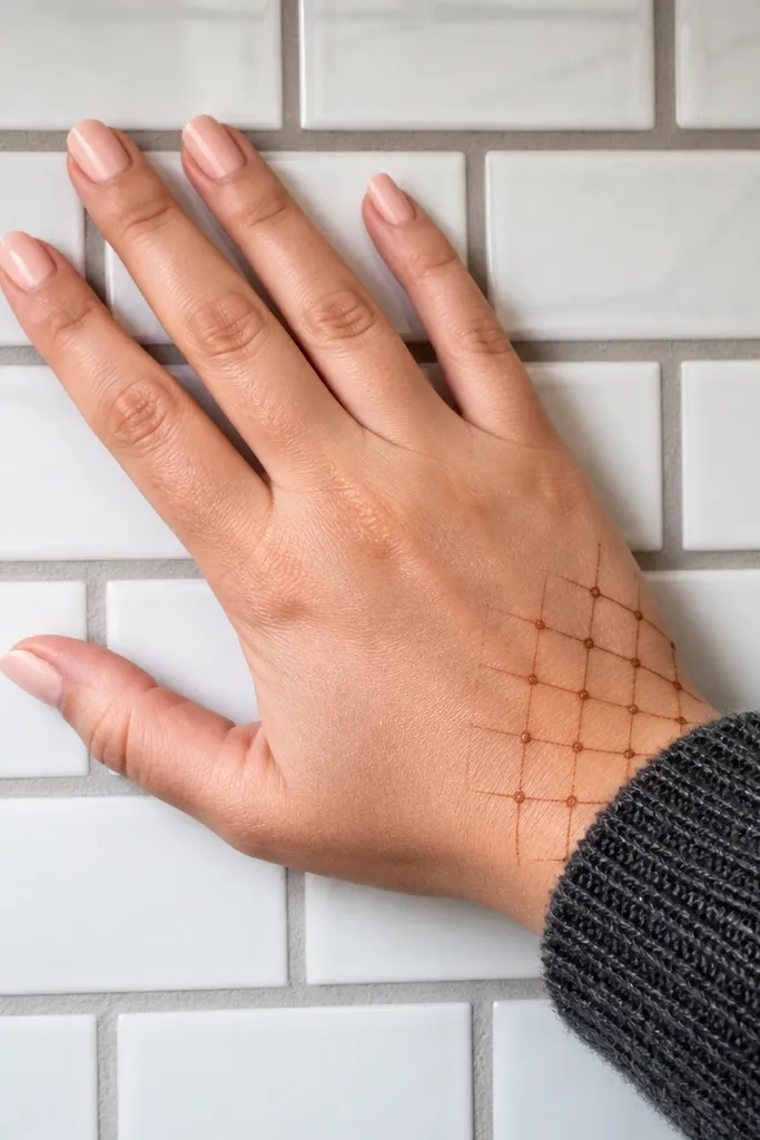 A small geometric lattice corner pattern on the back of the hand