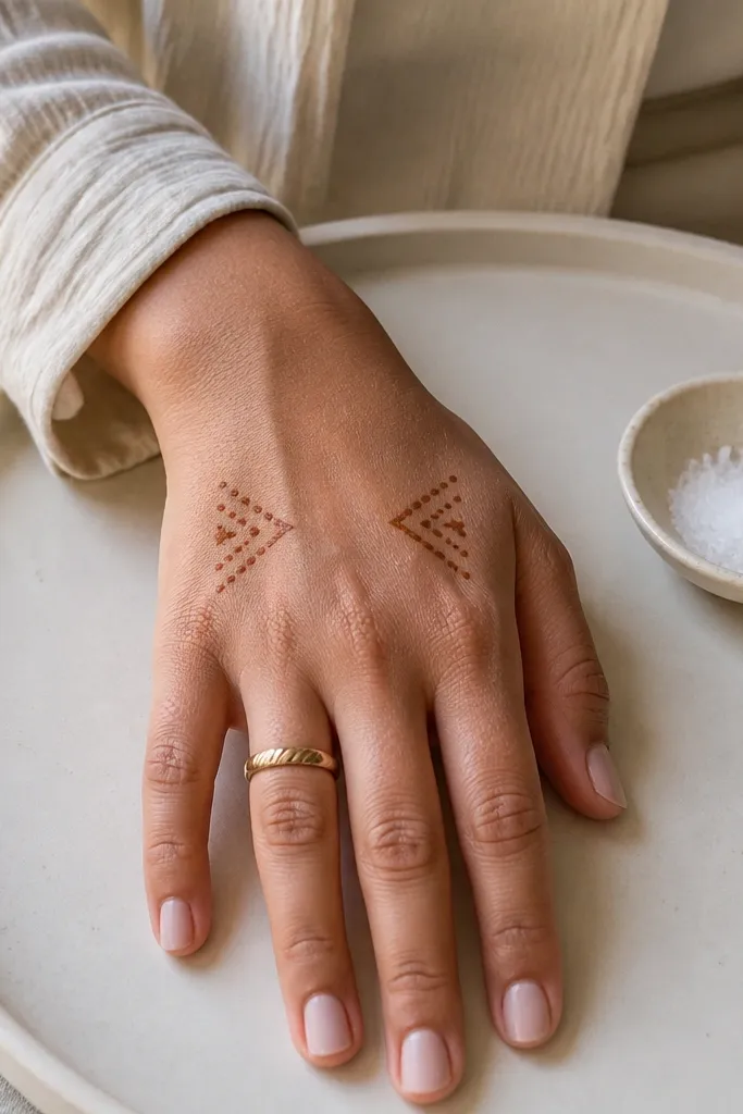 Two small dot arrows pointing toward a central empty space on back hand