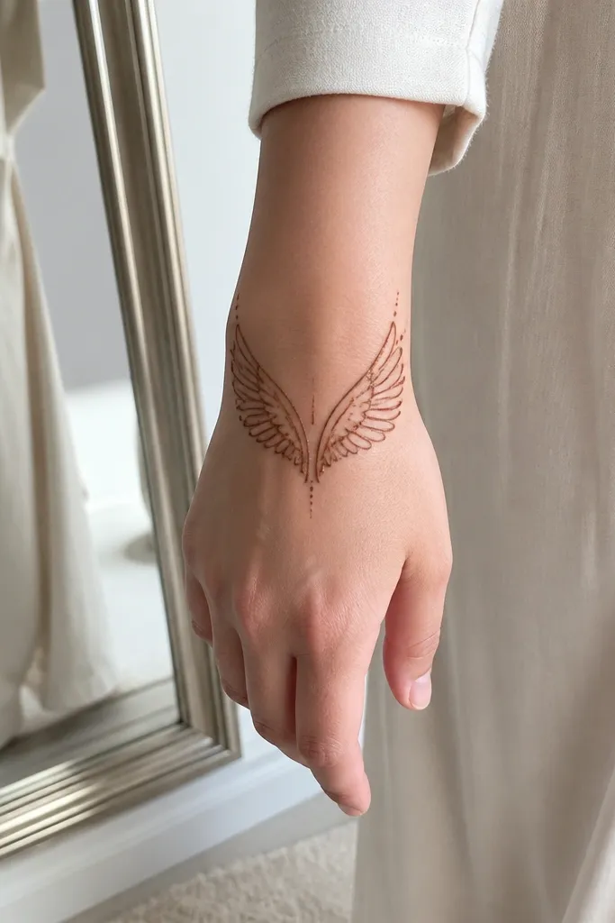 A split wing shape near the wrist with thin outlines and small dots