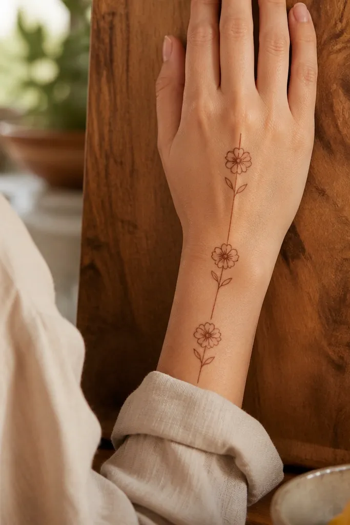 A thin vertical stem with three small outlined blooms on the back hand