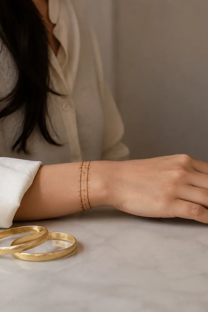 Two thin bands crossing the back hand with tiny dot intersections