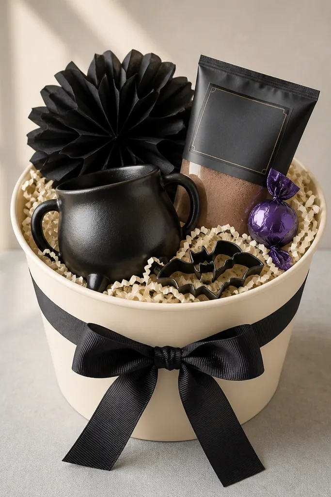 A cream matte plastic bucket with a black grosgrain ribbon bow. Inside is off-white shredded paper, a small black cauldron-shaped mug, a tube of cocoa mix in a dark label, and a tiny bat cookie-cutter set. The top shows a black tissue rosette and a single purple wrapped candy.
