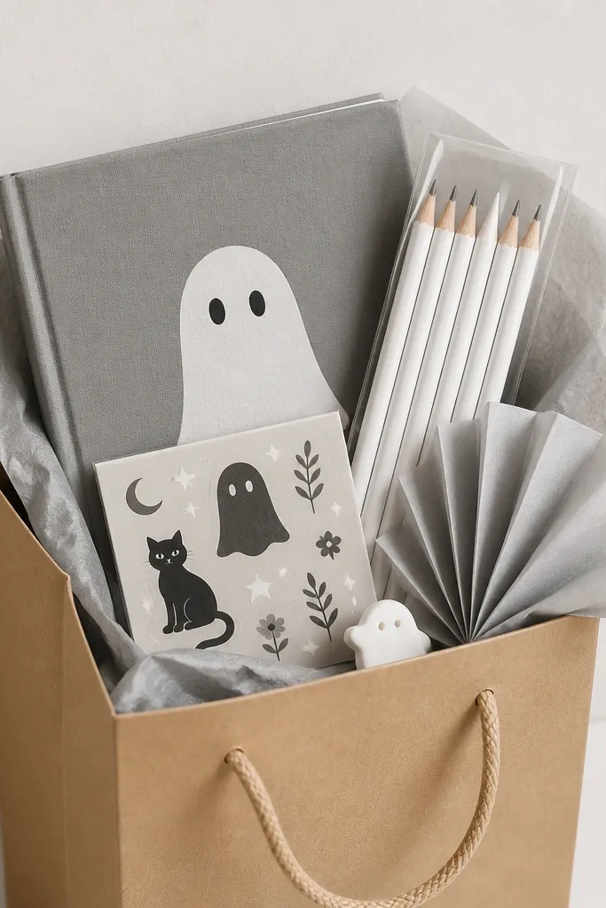 A kraft paper gift bag standing upright with a strip of light gray tissue paper. Inside are three items neatly stacked: a gray notebook with a simple ghost face cover, a white pencil set in a clear sleeve, and a small sticker sheet in black and gray. The top has a folded corner of tissue like a fan and a single white mini eraser.