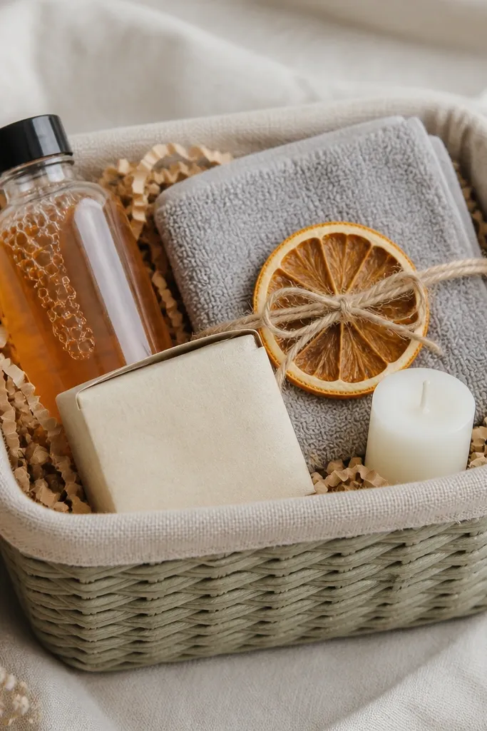 A small sage woven basket with a natural linen liner. The filler is light tan shredded paper. Inside is a clear mini bottle of pumpkin spice bubble bath, a bar soap in a simple beige wrap, and a soft gray washcloth folded into a square. The top has a dried orange slice tied with twine and a tiny cream candle.