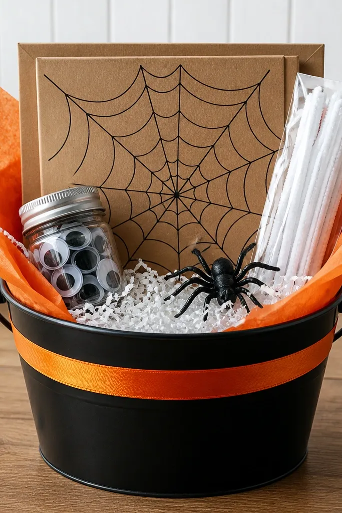 A black bucket with an orange ribbon band. Inside is white shredded paper. A flat craft kit sits upright in the back labeled with a simple spider web graphic. On the right is a pack of white pipe cleaners, and on the left a small jar of black googly eyes. The top has orange tissue folds and one plastic spider.