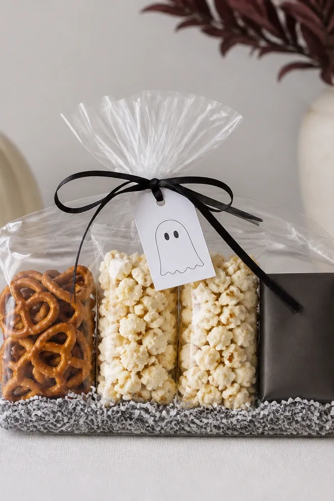 A clear cellophane sleeve tied with a thin black ribbon. Inside you can see a neat row of small snack items: a mini pretzel bag, two single-serve popcorn packs, and a small chocolate bar wrapped in matte paper. The filler is pale gray shredded paper. A small white tag with a ghost icon hangs from the ribbon.