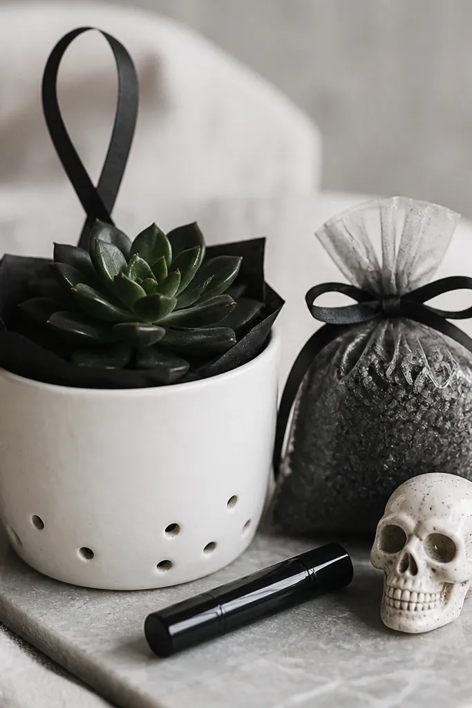 A white ceramic planter with small drainage holes, lined with black tissue. Inside is an artificial mini succulent with dark green leaves. Around it are a small bag of charcoal-colored bath salts, a black eyeliner-style lip balm tube, and a tiny ceramic skull figurine. The top has a thin black ribbon loop.