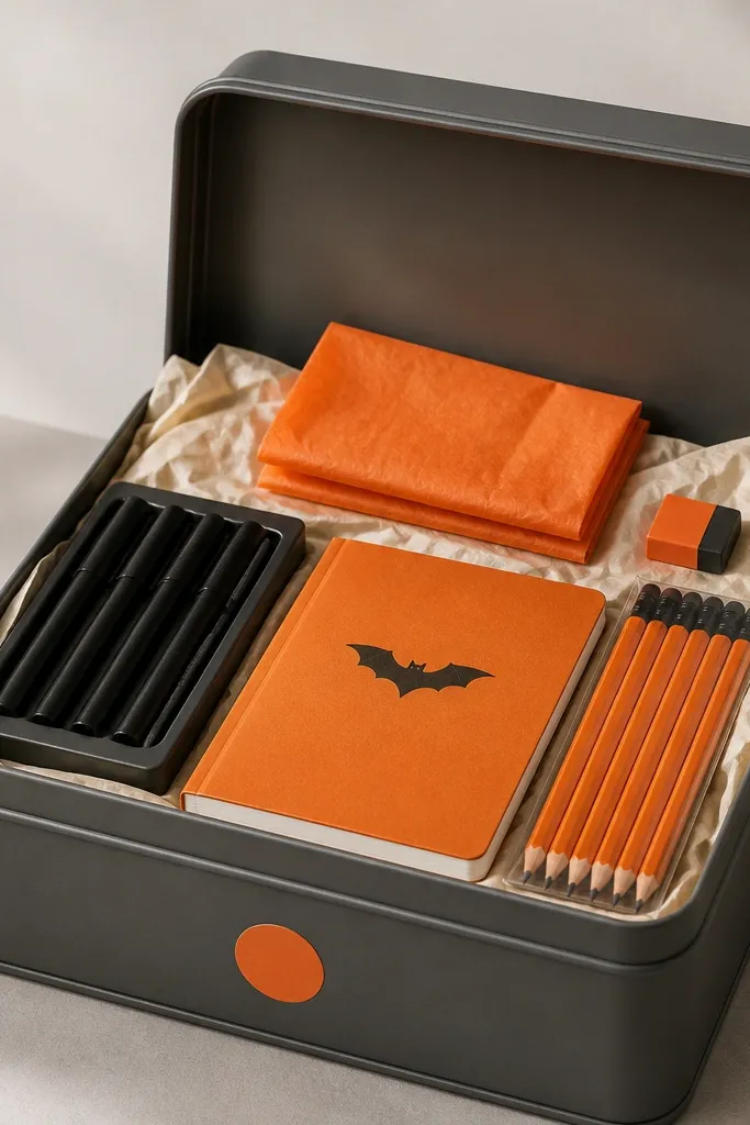 A matte gray lunchbox with a single orange dot sticker sheet on the front. Inside is cream tissue paper. A black marker set sits in a shallow tray area, a small orange notebook with a simple bat icon rests flat, and a pack of orange pencils is stacked neatly. The top shows a folded orange tissue square and one mini eraser.