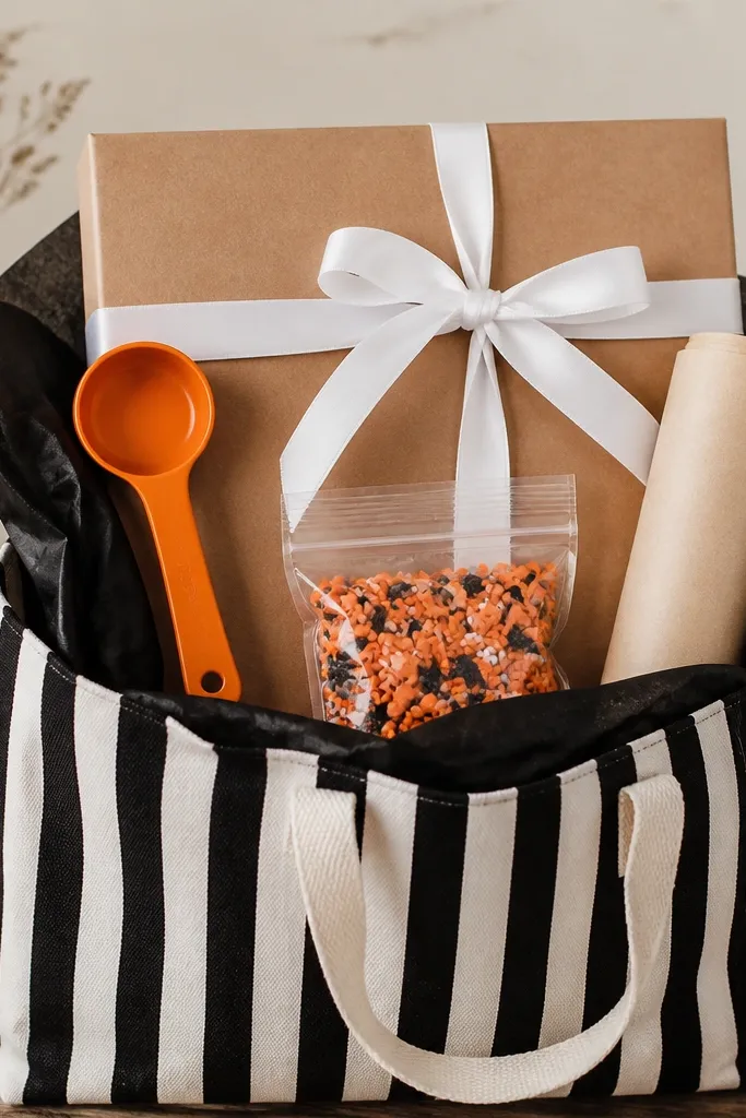 A black-and-white striped canvas tote with a small white label tag. Inside is black tissue paper. A flat baking kit box sits upright, with a simple orange measuring spoon resting along the side. There's a tiny bag of Halloween sprinkles in matte orange and a small parchment paper roll. The top has a white ribbon tied in a simple bow.