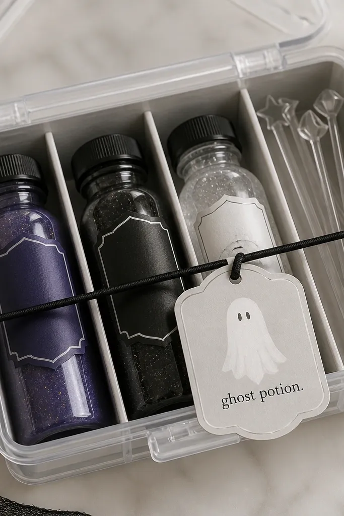 A clear plastic ornament storage box with a snap lid. The inside is arranged into compartments with light gray paper. There are three mini slime bottles with dark purple, black, and clear labels. A small set of plastic potion stirrers sits in the top right. A thin black elastic holds a tag that reads ghost potion.