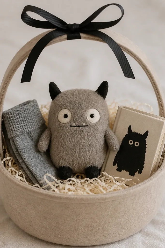 A beige felt basket with a rounded top edge. Inside is cream shredded paper. A small plush monster sits upright in the center. Around it are two small items: a gray sock pair folded like a tube and a mini storybook with a black monster silhouette. The top has a simple black ribbon tied around the felt handle.