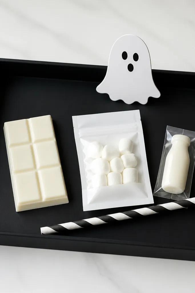 A matte black rectangular tray with no shredded paper. On it are three white mini items: a white chocolate bar, a small bag of marshmallows in a white pouch, and a tiny milk bottle candy in a clear sleeve. A single black-and-white striped straw lies diagonally. The top accent is a small white paper ghost cutout standing upright.