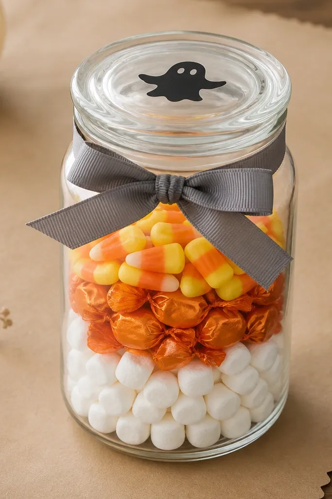A clear glass jar with a gray ribbon tied around the neck. Inside is a neat layered look: white marshmallows at the bottom, a middle layer of orange wrapped mini candies, and a top layer of pale yellow candy corn pieces. The jar lid has a small black ghost sticker. The background shows a kraft paper placemat.