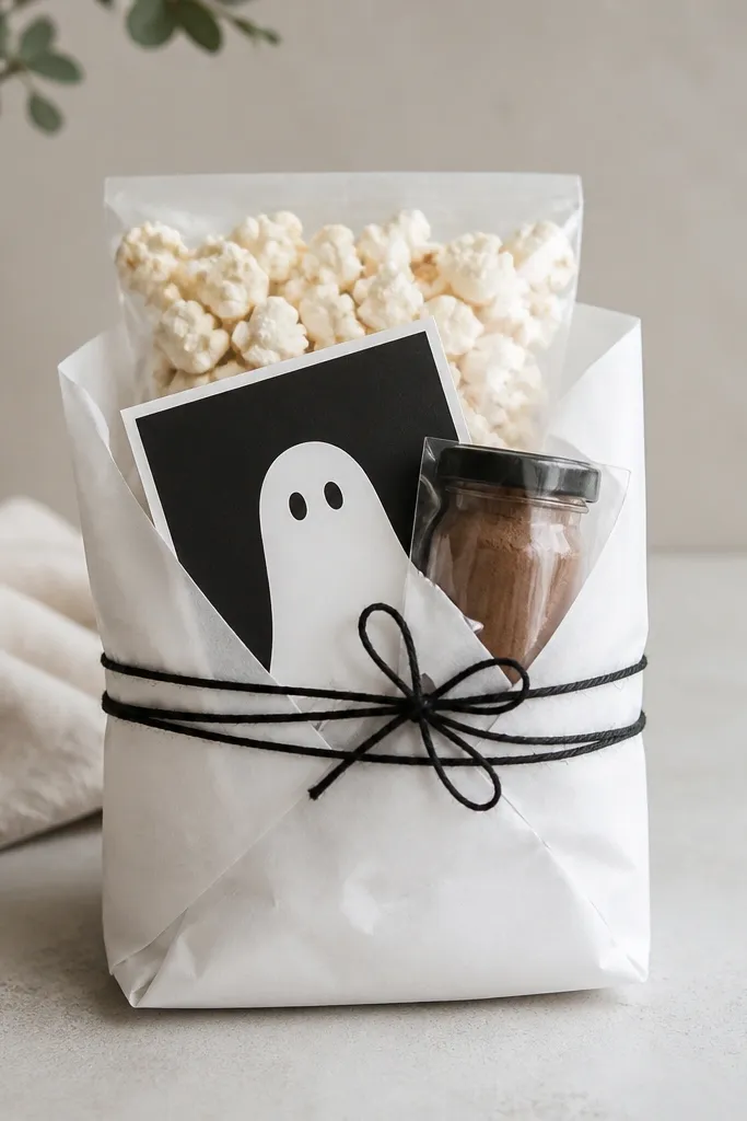 A small bundle wrapped in white paper with black twine tied in two loops. Inside is a clear popcorn pouch visible near the top. A small black-and-white movie night card sits against the front, with a simple ghost icon. A tiny jar of hot cocoa mix in a clear sleeve is tucked behind the card. The bundle stands upright with crisp folds.