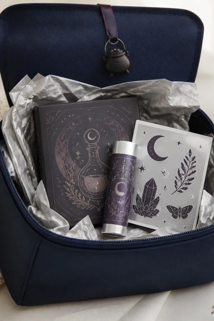 A navy insulated lunch bag with a silver zipper pull. Inside is silver tissue paper. A small box labeled potion mix sits flat in the back. Next to it are two mini items in silver and dark purple packaging: a lip balm and a sticker sheet. The top has a small dark purple ribbon loop and a tiny plastic cauldron charm.