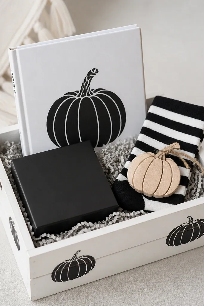 A small white wooden crate with black stencil pumpkin marks on the sides. Inside is light gray shredded paper. A hardcover kid book stands upright in the back with a black pumpkin illustration. A small matte black snack box lies flat in front. On the right is a pair of black-and-white striped socks folded. The top has a mini wooden pumpkin ornament.