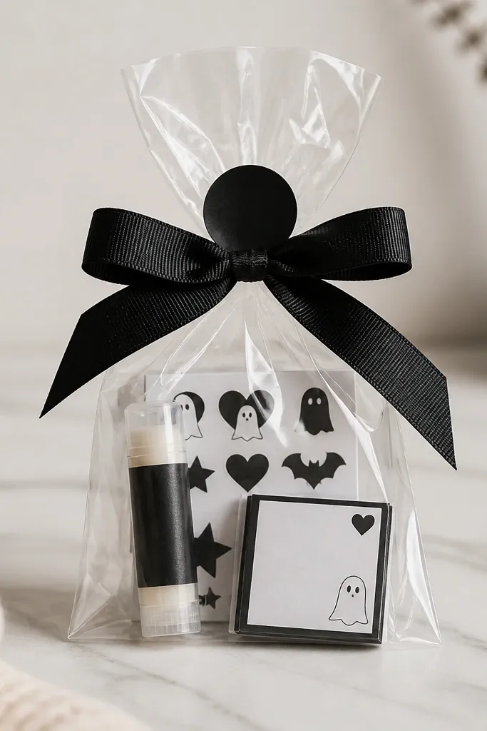 A clear cellophane bag tied with a thick black ribbon. Inside are three small items: a roll-on lip balm in a clear tube with a black label, a mini sticker sheet in black and white, and a set of tiny note cards with ghost and boo icons. The top has a single black label sticker placed like a seal.