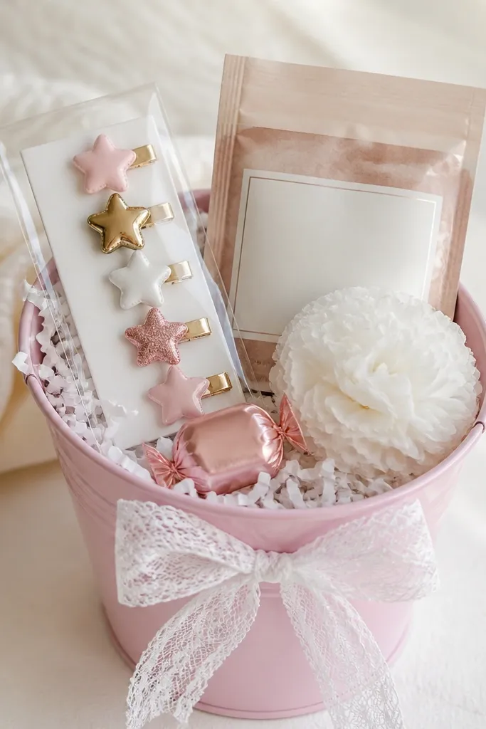 A pastel pink bucket with a white lace bow on the front. Inside is white shredded paper. A set of small star hair clips in a clear sleeve sits upright. Next to it is a mini hot cocoa packet in a light label. The top has one small pink wrapped candy and a single white tissue flower.