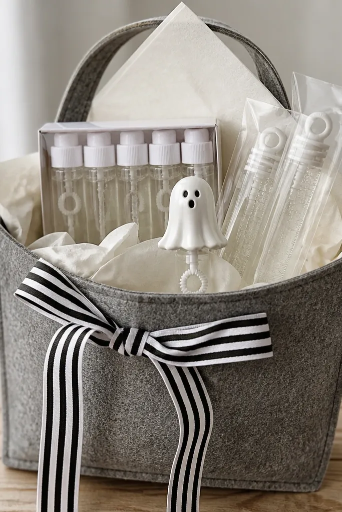 A gray felt tote bag with a black-and-white striped ribbon tied around the handles. Inside is cream tissue paper. A small pack of mini bubble bottles sits upright in the back. Two bubble refills in clear plastic sleeves sit on the right. A small ghost-shaped bubble wand stands in front. The top has a folded tissue square peeking out.