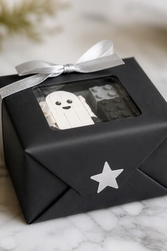 A small gift wrapped in matte black paper with crisp folds. A single silver star sticker seals the front. Inside is a mini building set box in gray and black, with a simple ghost figure image. A short length of silver ribbon ties the wrap closed. The top has a tiny clear window showing part of the set.