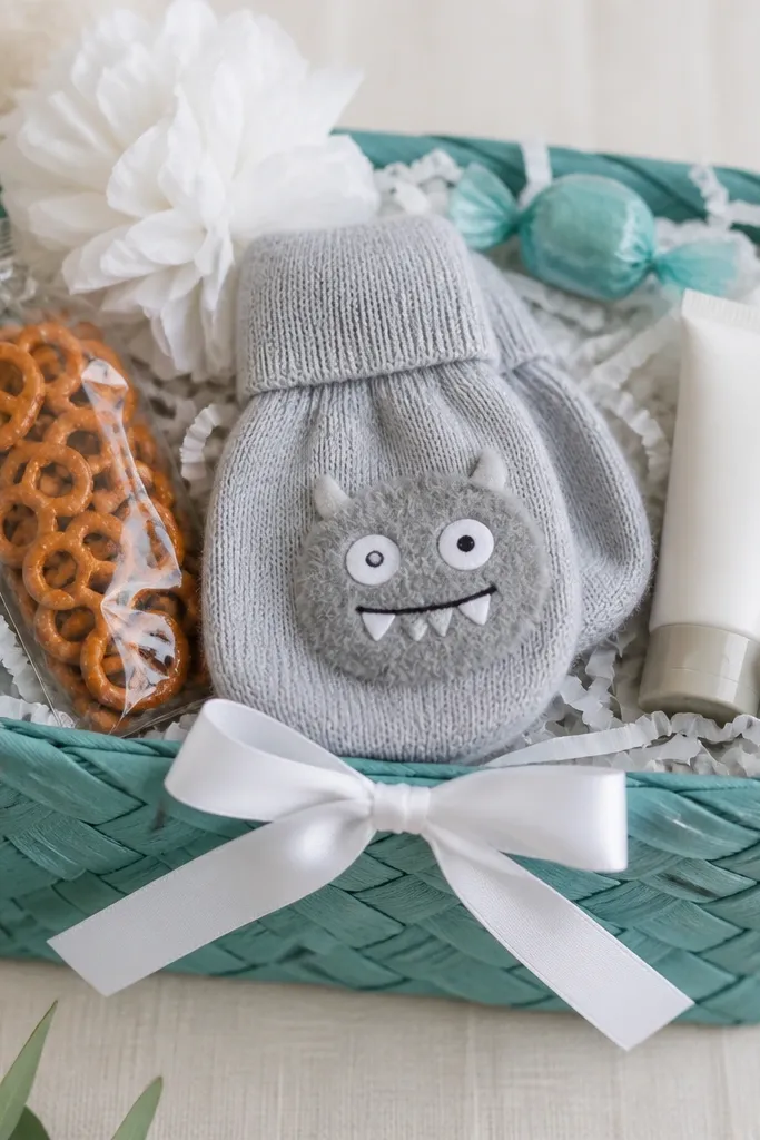 A teal mini woven basket with a white ribbon bow. Inside is white shredded paper. A pair of small gray mittens with a simple monster face patch lies folded in the center. On the sides are a mini pretzel pack and a small tube of hand lotion. The top has a white tissue rosette and one teal wrapped candy.