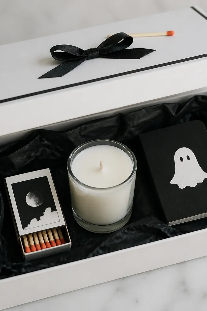 A matte white paper box with a black border sticker around the lid. Inside is black tissue paper. A small soy candle in a clear jar sits upright in the center. On the sides are a matchbook with a black-and-white label and a mini notebook with a ghost silhouette. The top has a small black bow and a single orange match tip.